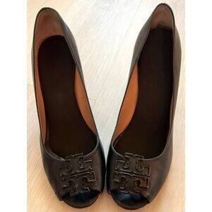 Tory Burch Lowell Black Leather Peep Toe Wedge Pumps Size 9.5